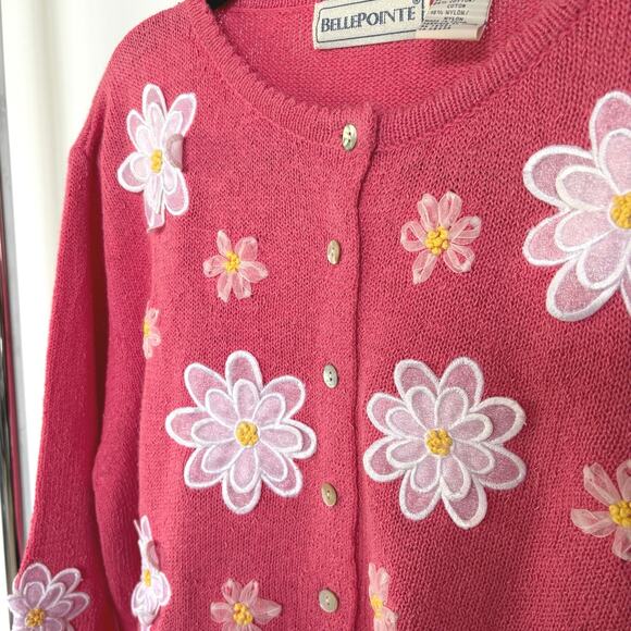 Vintage Bubblegum Baby Pink Daisy Floral Grandma Cardigan Sweater Cottage Large - Picture 5 of 8